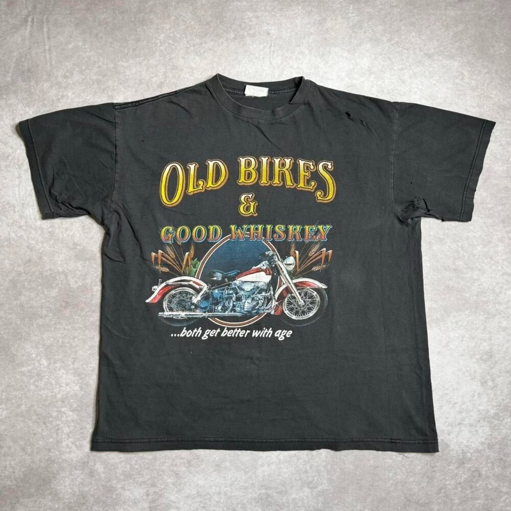 Vintage Black Graphic Tee “Old Bikes & Good Whiskey”